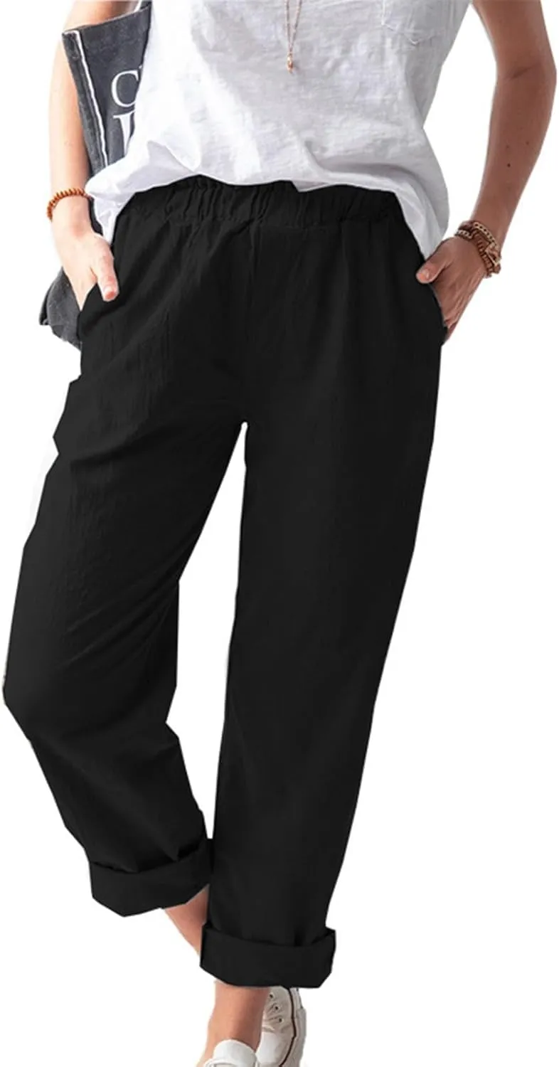 PTOLOCIF Cotton Linen Pants Women High Waist Drawstring Pants Loose Fit Summer Flowy Boho Pant Trousers with Side Pockets