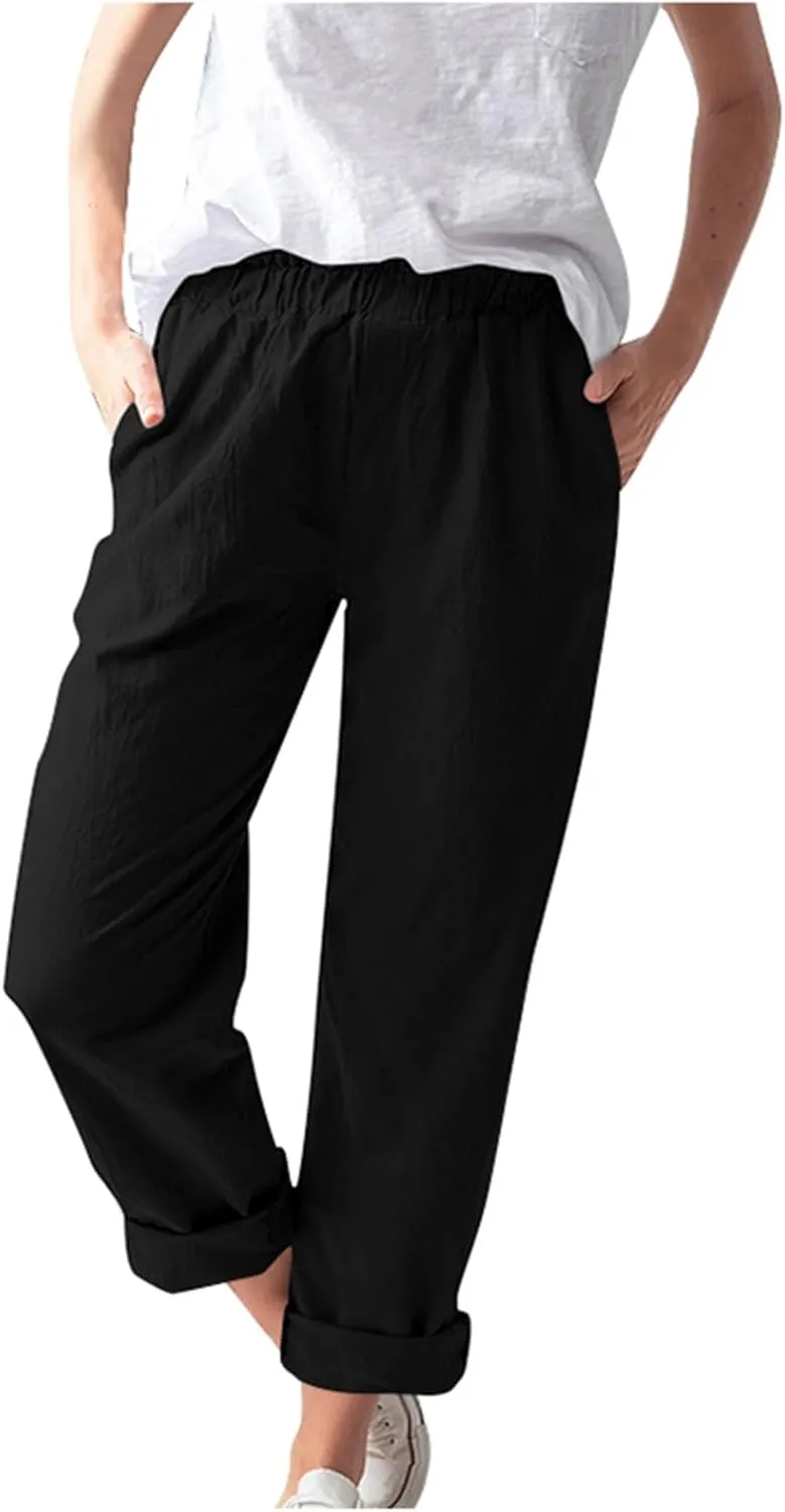 PTOLOCIF Cotton Linen Pants Women High Waist Drawstring Pants Loose Fit Summer Flowy Boho Pant Trousers with Side Pockets