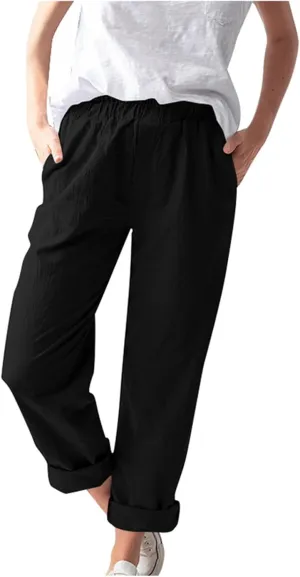 PTOLOCIF Cotton Linen Pants Women High Waist Drawstring Pants Loose Fit Summer Flowy Boho Pant Trousers with Side Pockets