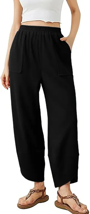 PTOLOCIF Cotton Linen Pants Women High Waisted Long Palazzo Pants Wide Leg Cotton Linen Lounge Pant Trousers with Pockets
