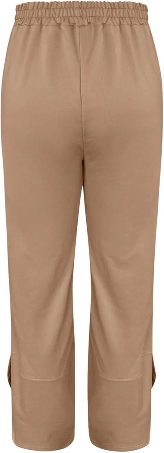 PTOLOCIF Cotton Linen Pants Women Summer Drawstring Elastic Waist Pants Wide Leg Cropped Lounge Trousers with Pockets