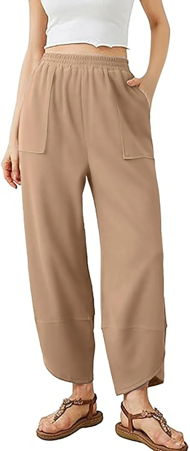 PTOLOCIF Cotton Linen Pants Women Summer Drawstring Elastic Waist Pants Wide Leg Cropped Lounge Trousers with Pockets
