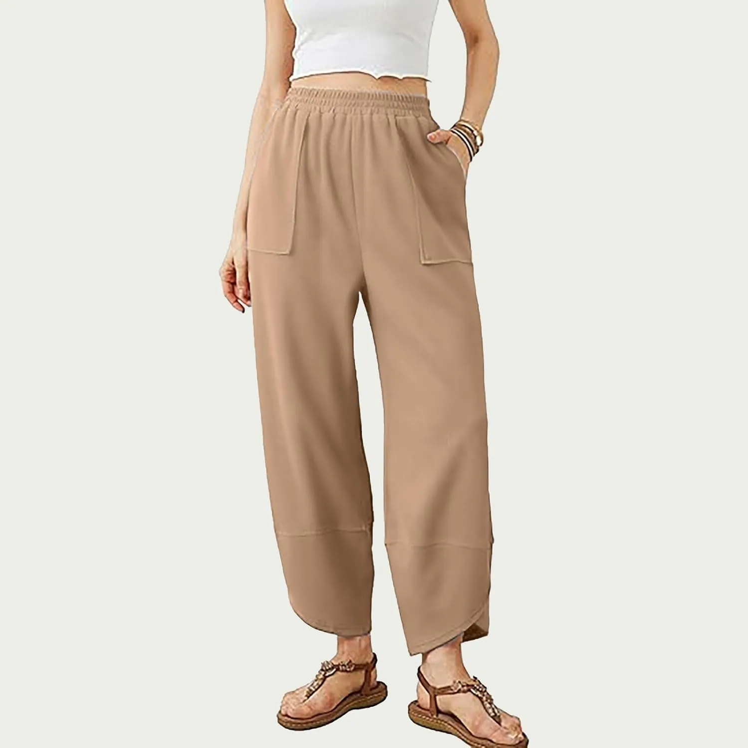 PTOLOCIF Cotton Linen Pants Women Summer Drawstring Elastic Waist Pants Wide Leg Cropped Lounge Trousers with Pockets