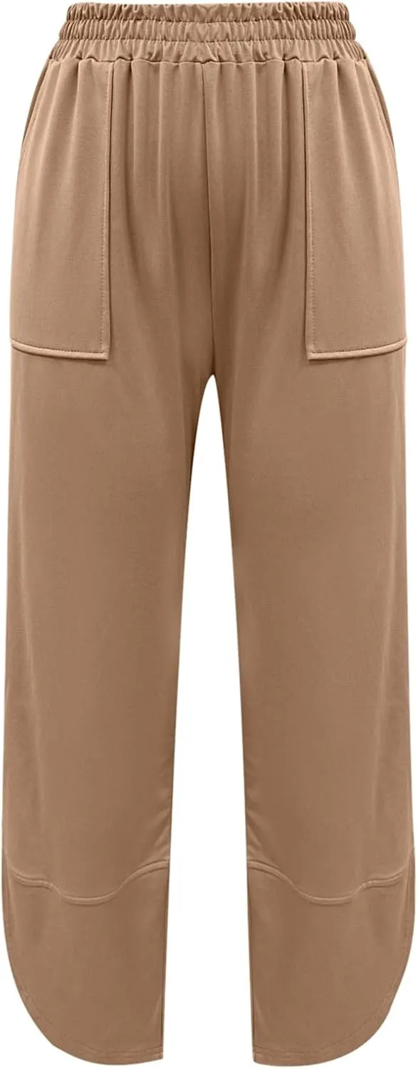 PTOLOCIF Cotton Linen Pants Women Summer Drawstring Elastic Waist Pants Wide Leg Cropped Lounge Trousers with Pockets