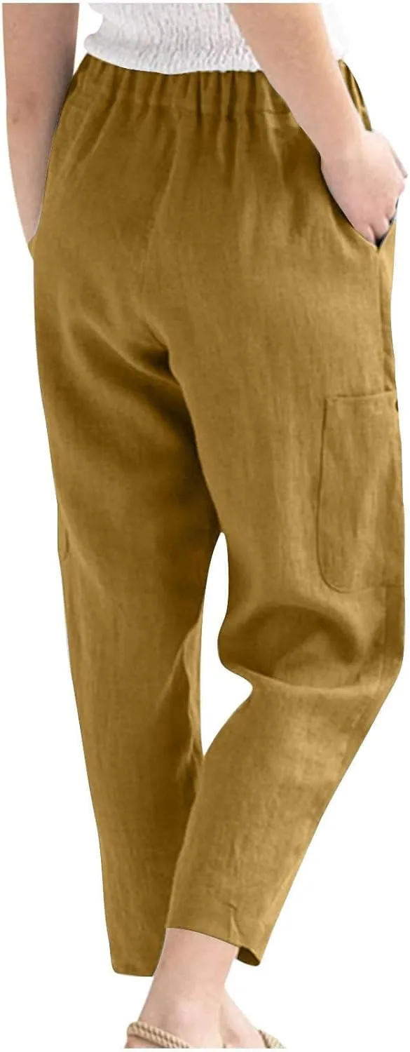 PTOLOCIF Cotton Linen Pants Women Summer Drawstring Waist Pants Wide Leg Loose Cotton Linen Palazzo Trousers with Pockets