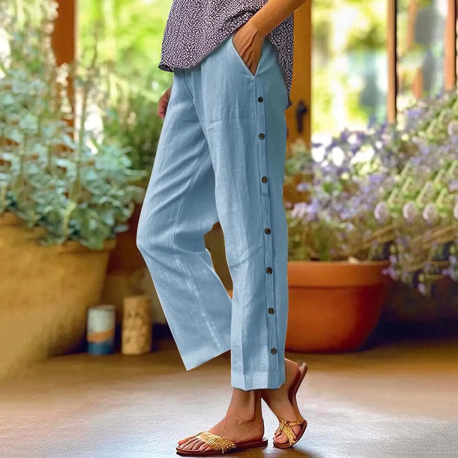 PTOLOCIF Cotton Linen Pants Women Summer Drawstring Wide Leg Pants Loose Casual Cotton Linen Palazzo Pant with Pockets