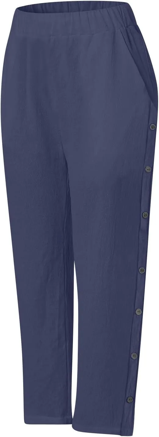 PTOLOCIF Cotton Linen Pants Women Summer Drawstring Wide Leg Pants Loose Casual Cotton Linen Palazzo Pant with Pockets