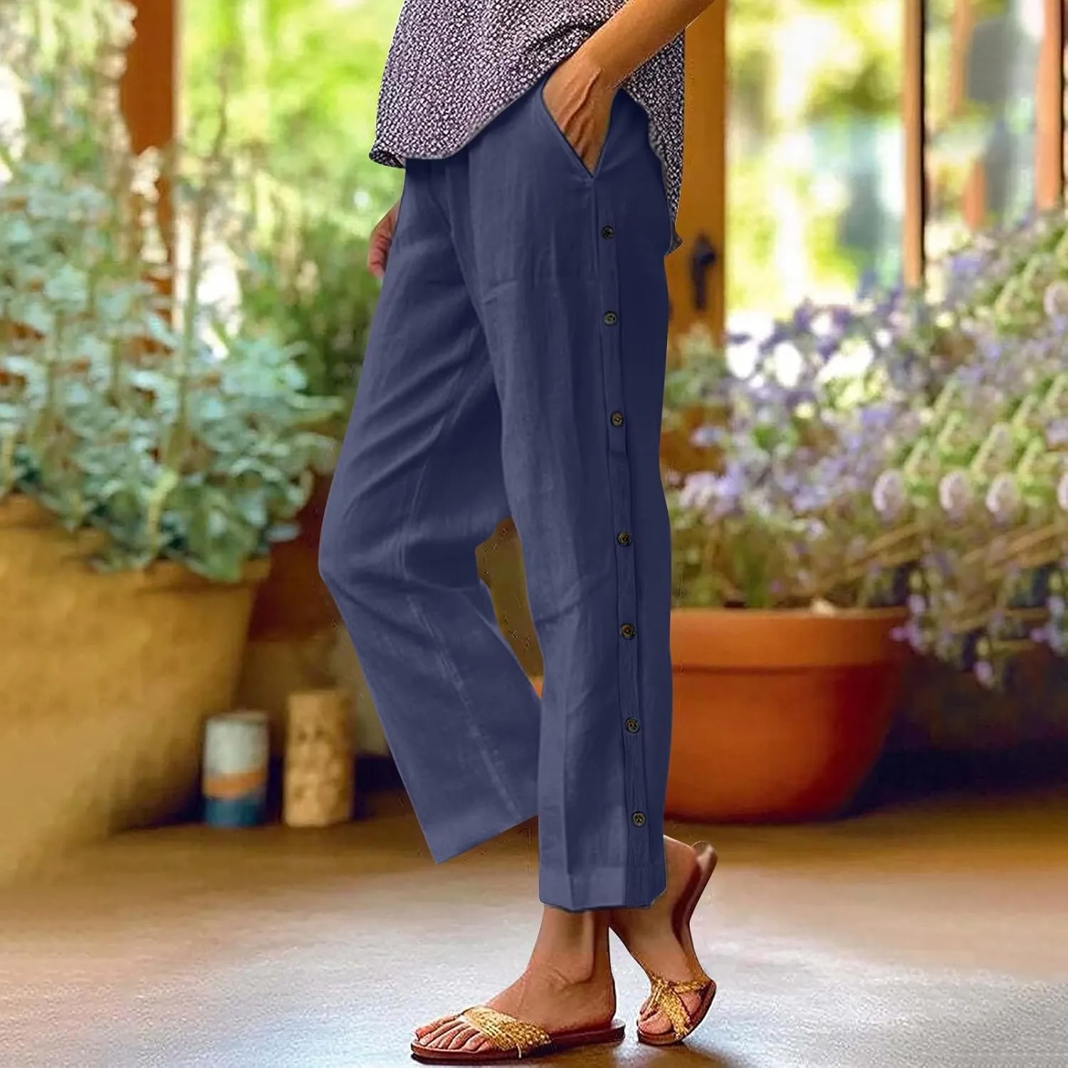 PTOLOCIF Cotton Linen Pants Women Summer Drawstring Wide Leg Pants Loose Casual Cotton Linen Palazzo Pant with Pockets
