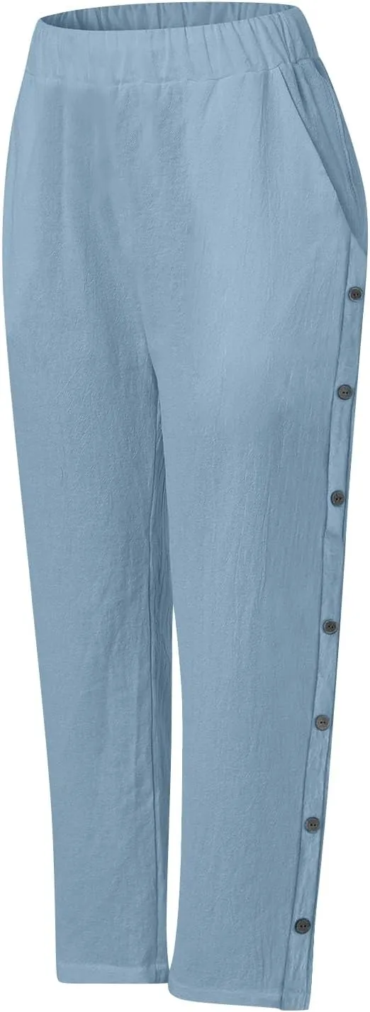 PTOLOCIF Cotton Linen Pants Women Summer Drawstring Wide Leg Pants Loose Casual Cotton Linen Palazzo Pant with Pockets
