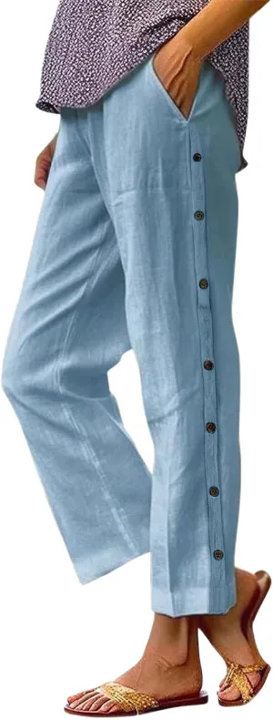 PTOLOCIF Cotton Linen Pants Women Summer Drawstring Wide Leg Pants Loose Casual Cotton Linen Palazzo Pant with Pockets