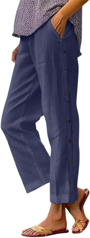 PTOLOCIF Cotton Linen Pants Women Summer Drawstring Wide Leg Pants Loose Casual Cotton Linen Palazzo Pant with Pockets