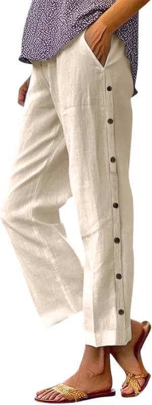 PTOLOCIF Cotton Linen Pants Women Summer Drawstring Wide Leg Pants Loose Casual Cotton Linen Palazzo Pant with Pockets