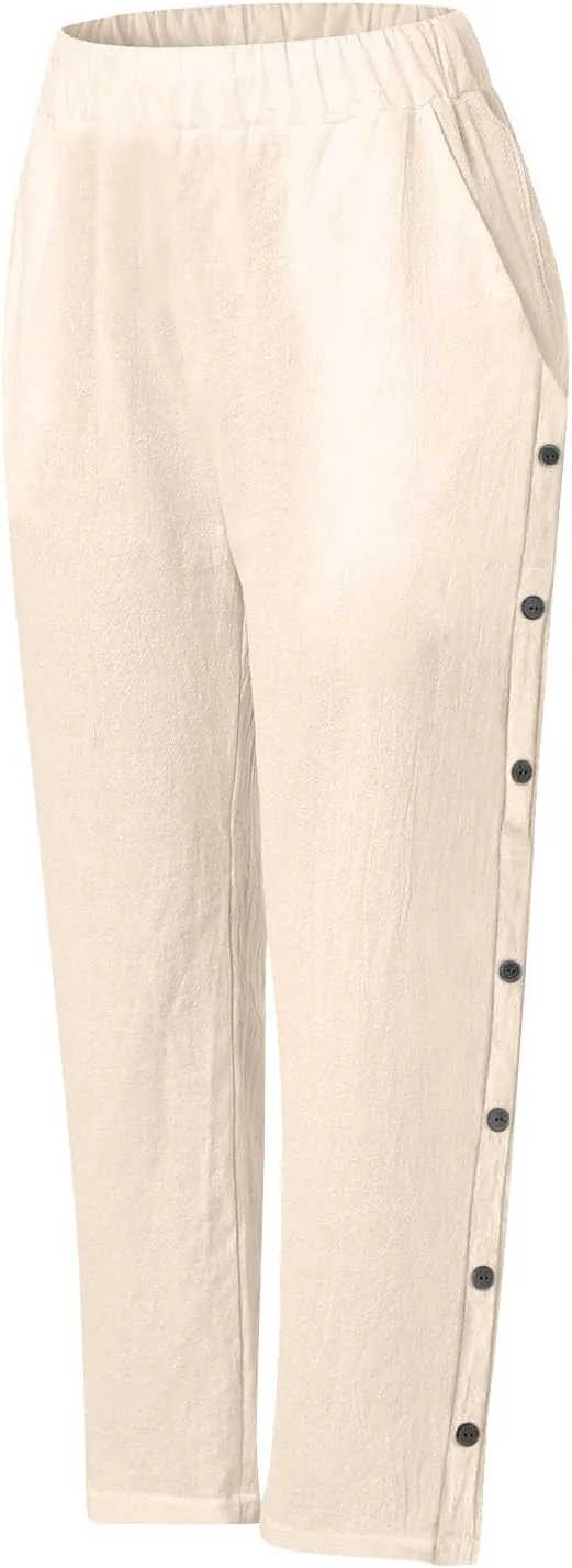PTOLOCIF Cotton Linen Pants Women Summer Drawstring Wide Leg Pants Loose Casual Cotton Linen Palazzo Pant with Pockets