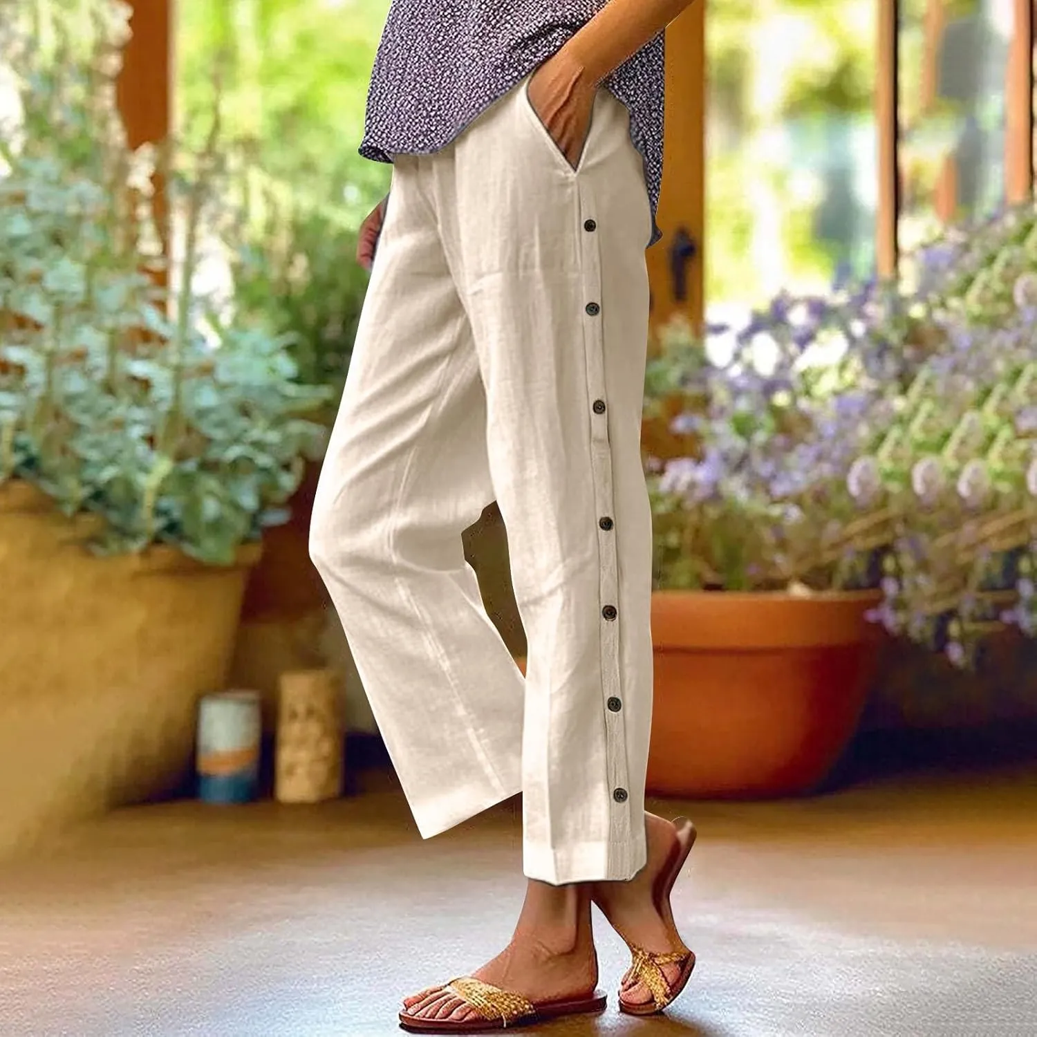PTOLOCIF Cotton Linen Pants Women Summer Drawstring Wide Leg Pants Loose Casual Cotton Linen Palazzo Pant with Pockets