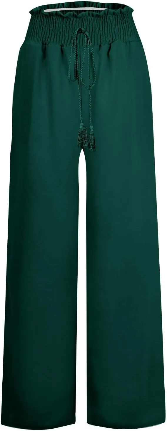 PTOLOCIF Cotton Linen Pants Women Wide Leg Palazzo Pants High Waisted Summer Casual Cotton Linen Boho Pants with Pockets