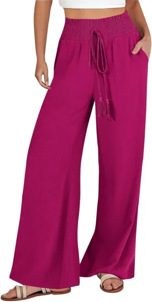 PTOLOCIF Cotton Linen Pants Women Wide Leg Palazzo Pants High Waisted Summer Casual Cotton Linen Boho Pants with Pockets