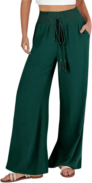 PTOLOCIF Cotton Linen Pants Women Wide Leg Palazzo Pants High Waisted Summer Casual Cotton Linen Boho Pants with Pockets