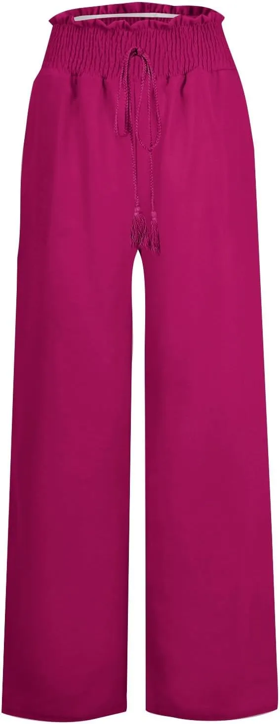 PTOLOCIF Cotton Linen Pants Women Wide Leg Palazzo Pants High Waisted Summer Casual Cotton Linen Boho Pants with Pockets