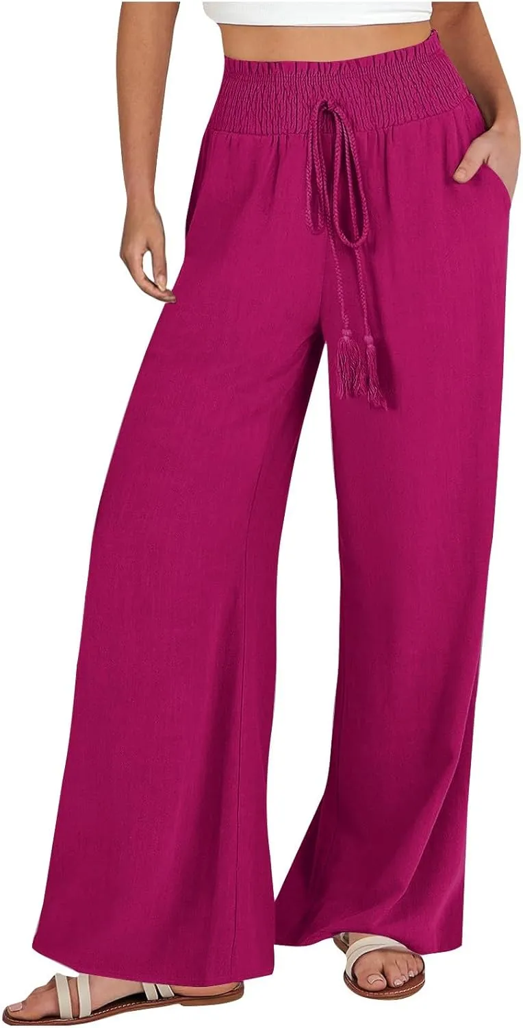 PTOLOCIF Cotton Linen Pants Women Wide Leg Palazzo Pants High Waisted Summer Casual Cotton Linen Boho Pants with Pockets