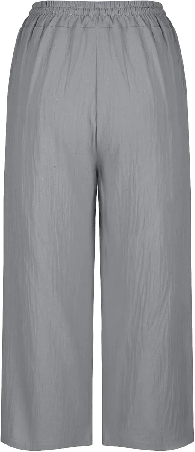 PTOLOCIF Cotton Pants for Women Casual Elastic Waist Wide Leg Pants with Pockets High Waisted Drawstring Beach Pant Trousers