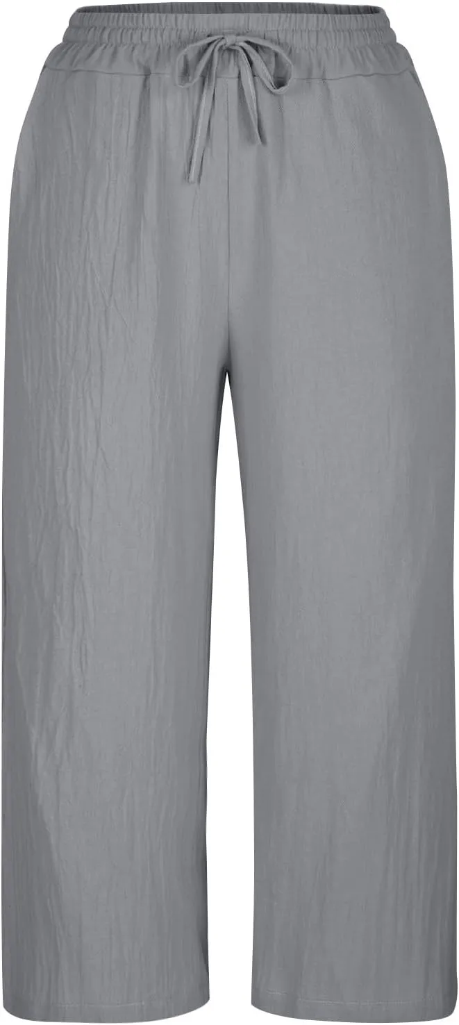 PTOLOCIF Cotton Pants for Women Casual Elastic Waist Wide Leg Pants with Pockets High Waisted Drawstring Beach Pant Trousers