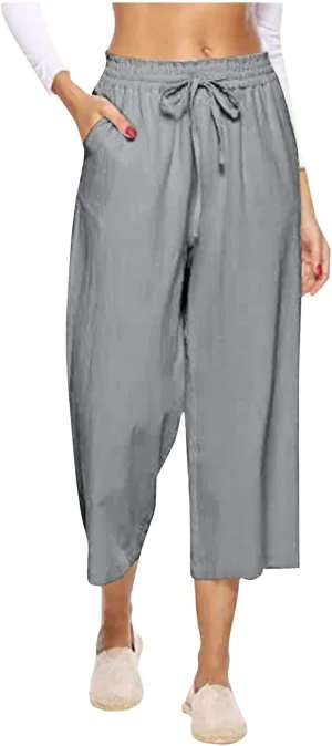 PTOLOCIF Cotton Pants for Women Casual Elastic Waist Wide Leg Pants with Pockets High Waisted Drawstring Beach Pant Trousers