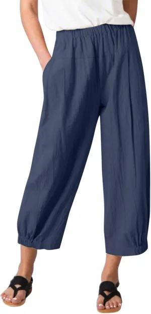 PTOLOCIF Linen Pants Women Casual Elastic Waist Wide Leg Pants with Pockets High Waisted Drawstring Beach Pant Trousers