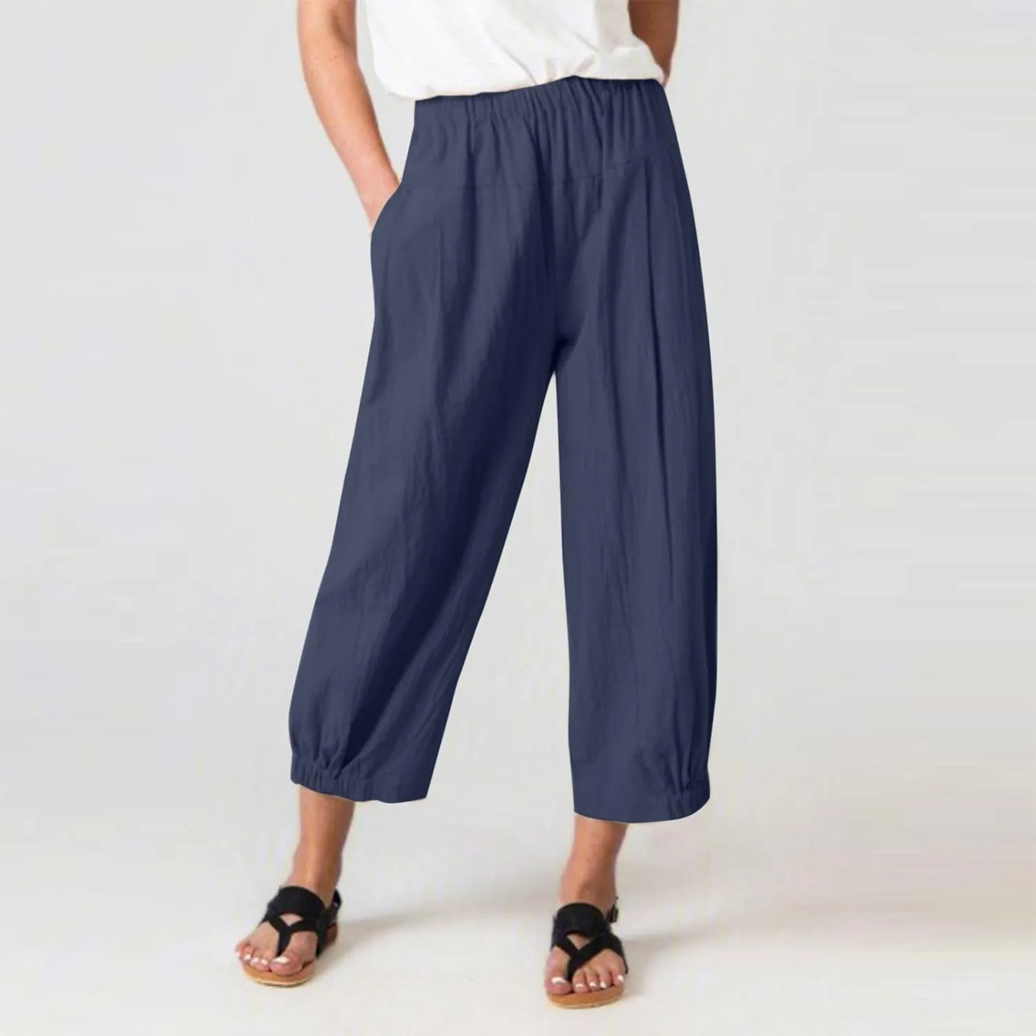 PTOLOCIF Linen Pants Women Casual Elastic Waist Wide Leg Pants with Pockets High Waisted Drawstring Beach Pant Trousers