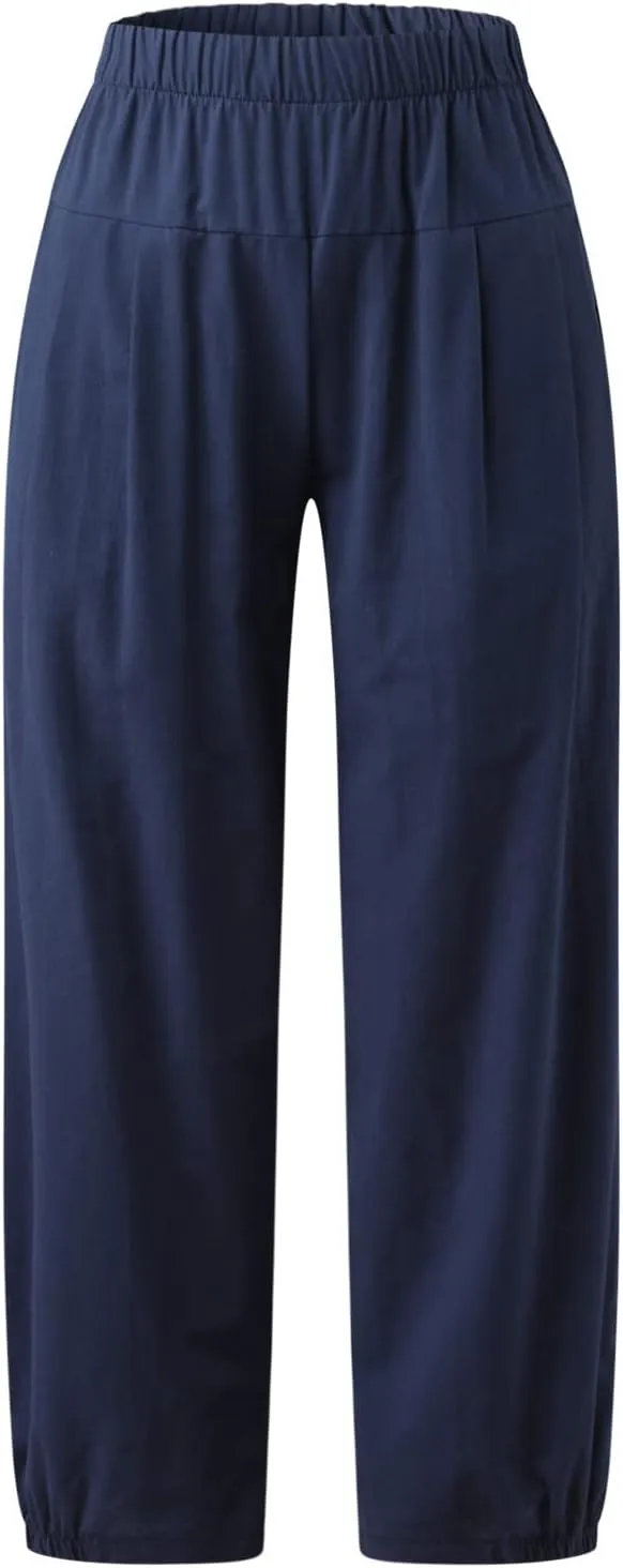 PTOLOCIF Linen Pants Women Casual Elastic Waist Wide Leg Pants with Pockets High Waisted Drawstring Beach Pant Trousers