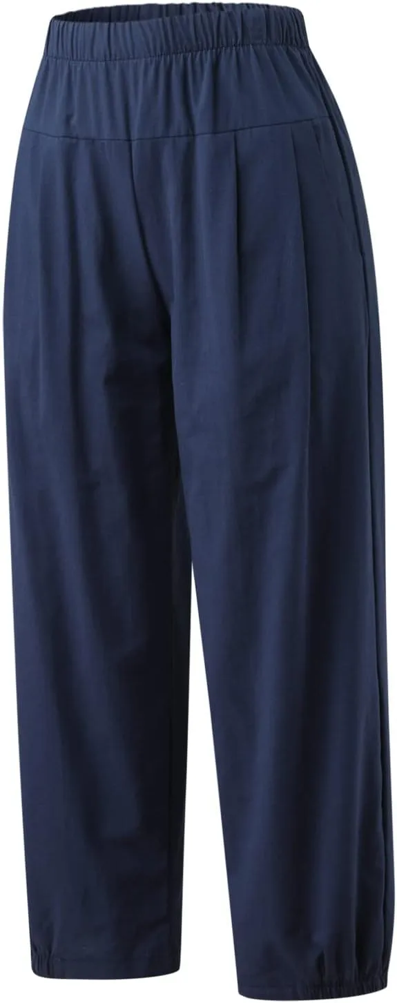 PTOLOCIF Linen Pants Women Casual Elastic Waist Wide Leg Pants with Pockets High Waisted Drawstring Beach Pant Trousers
