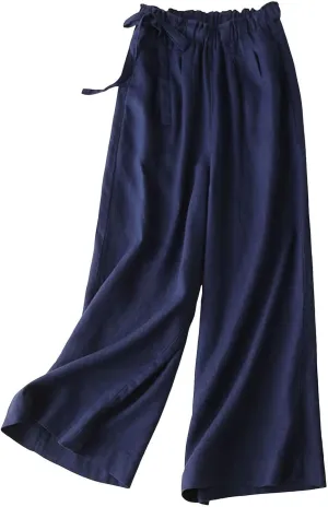 PTOLOCIF Linen Pants Women Straight Leg Pant Elastic Drawstring Casual Trousers with Pockets Summer Beach Lounge Pants