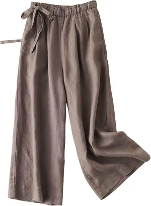 PTOLOCIF Linen Pants Women Straight Leg Pant Elastic Drawstring Casual Trousers with Pockets Summer Beach Lounge Pants