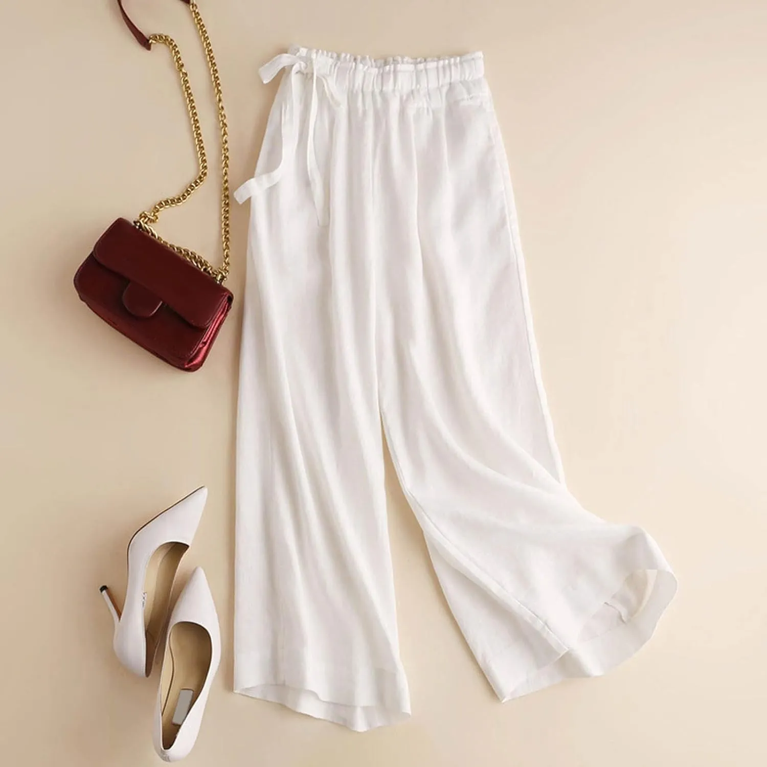 PTOLOCIF Linen Pants Women Straight Leg Pant Elastic Drawstring Casual Trousers with Pockets Summer Beach Lounge Pants