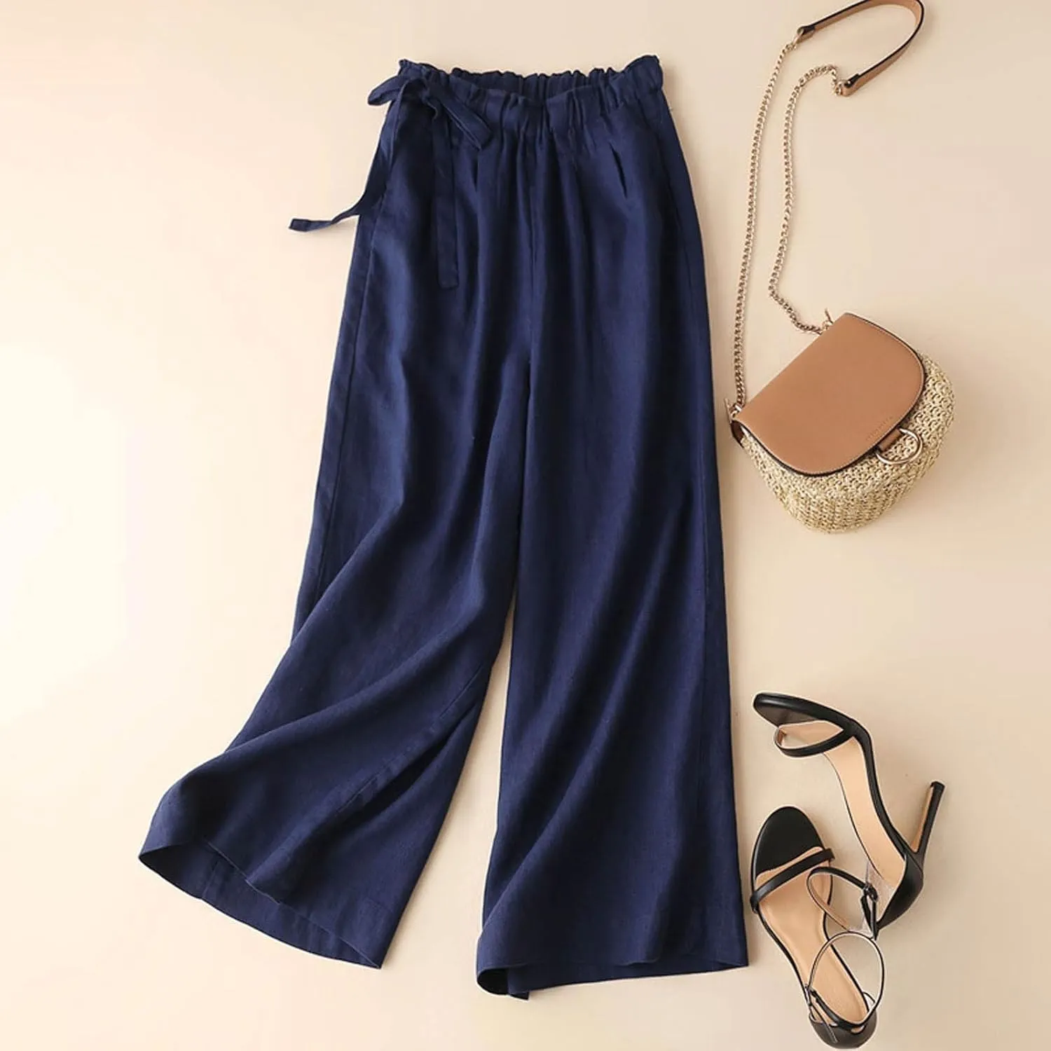 PTOLOCIF Linen Pants Women Straight Leg Pant Elastic Drawstring Casual Trousers with Pockets Summer Beach Lounge Pants