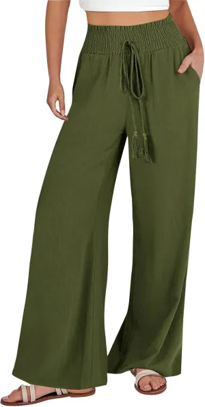 PTOLOCIF Linen Pants Women Summer High Waist Elastic Pants Straight Leg Lounge Pant Casual Loose Lightweight Beach Trousers