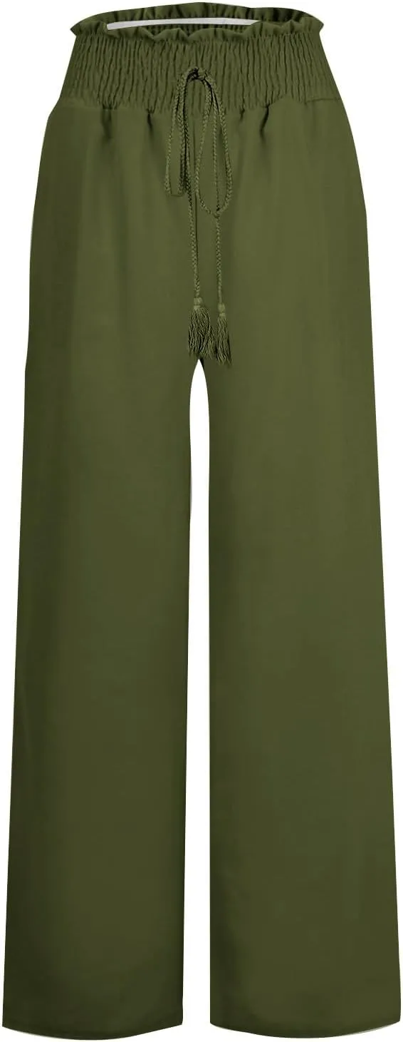 PTOLOCIF Linen Pants Women Summer High Waist Elastic Pants Straight Leg Lounge Pant Casual Loose Lightweight Beach Trousers