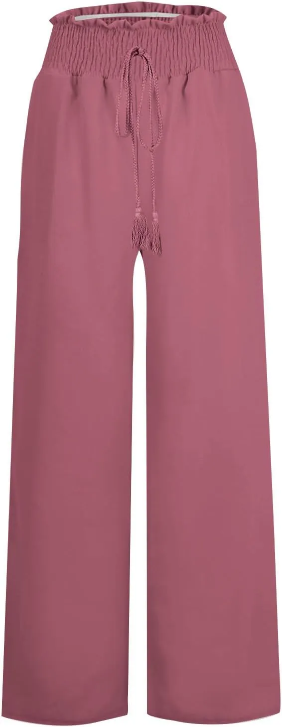 PTOLOCIF Linen Pants Women Summer High Waist Elastic Pants Straight Leg Lounge Pant Casual Loose Lightweight Beach Trousers