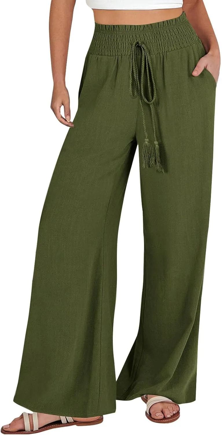 PTOLOCIF Linen Pants Women Summer High Waist Elastic Pants Straight Leg Lounge Pant Casual Loose Lightweight Beach Trousers