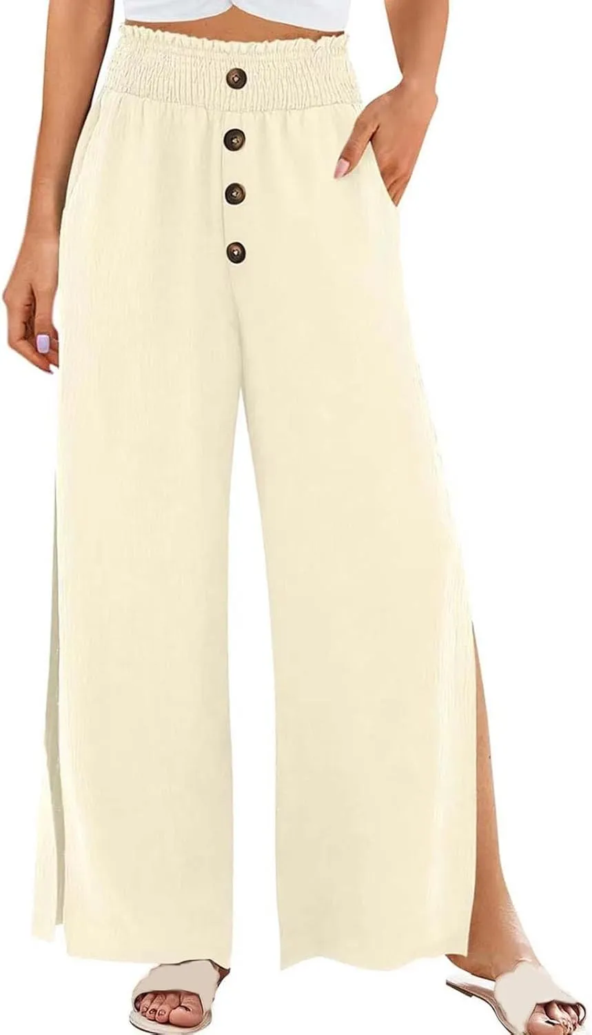 PTOLOCIF Petite Linen Pants for Women High Waisted Long Palazzo Pants Wide Leg Cotton Linen Lounge Pant Trousers with Pockets