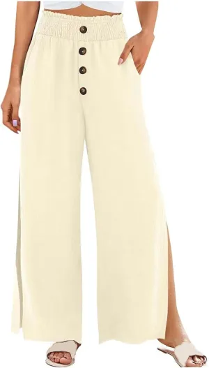 PTOLOCIF Petite Linen Pants for Women High Waisted Long Palazzo Pants Wide Leg Cotton Linen Lounge Pant Trousers with Pockets