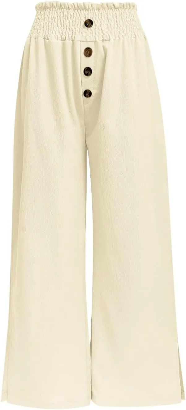 PTOLOCIF Petite Linen Pants for Women High Waisted Long Palazzo Pants Wide Leg Cotton Linen Lounge Pant Trousers with Pockets