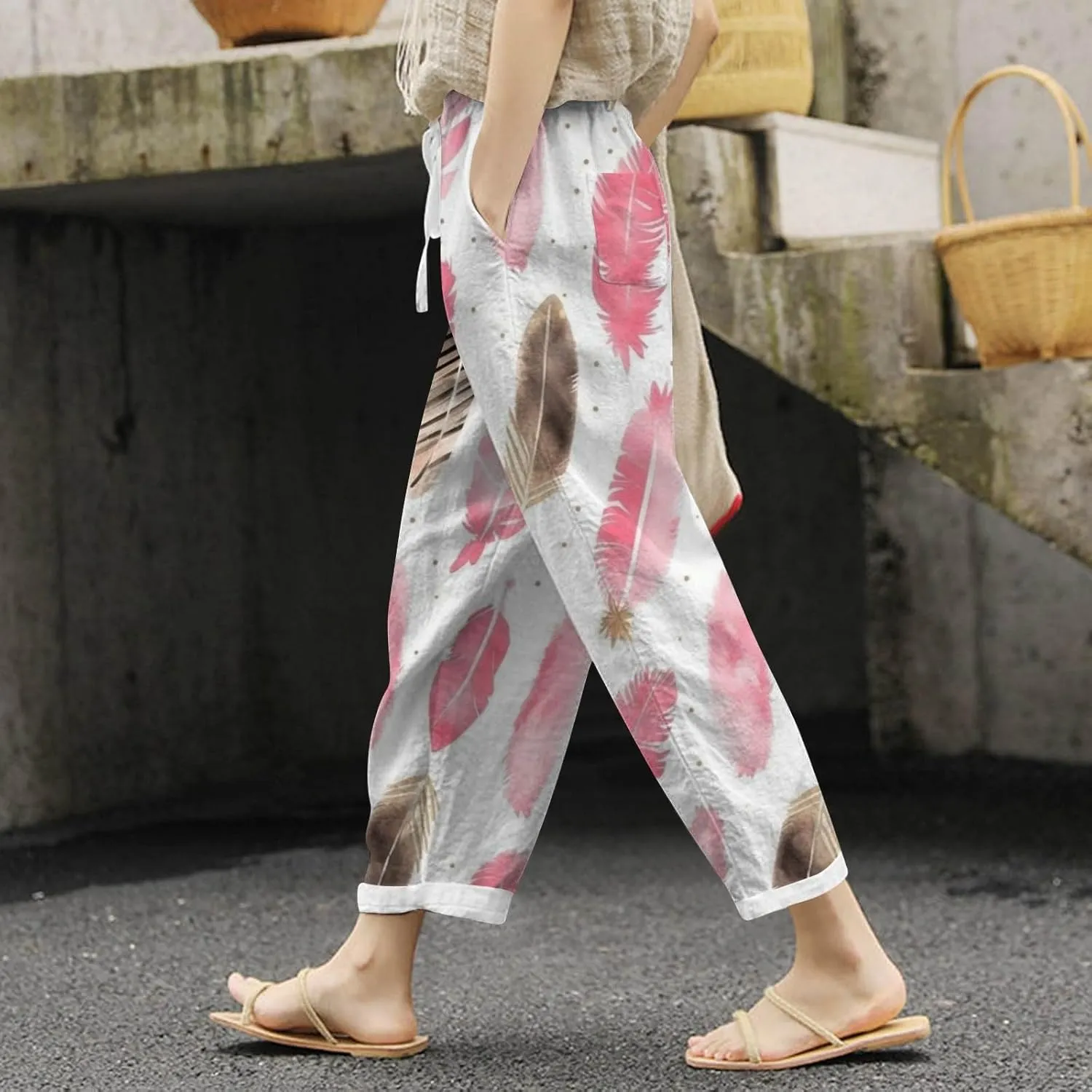 PTOLOCIF Petite Linen Pants for Women High Waisted Wide Leg Palazzo Pant Drawstring Casual Loose Pants Trousers with Pockets