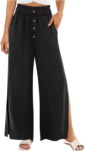 PTOLOCIF Petite Linen Pants for Women Lightweight Summer Relax Fit Pants Elastic Waist Plus Size Lounge Long Trousers