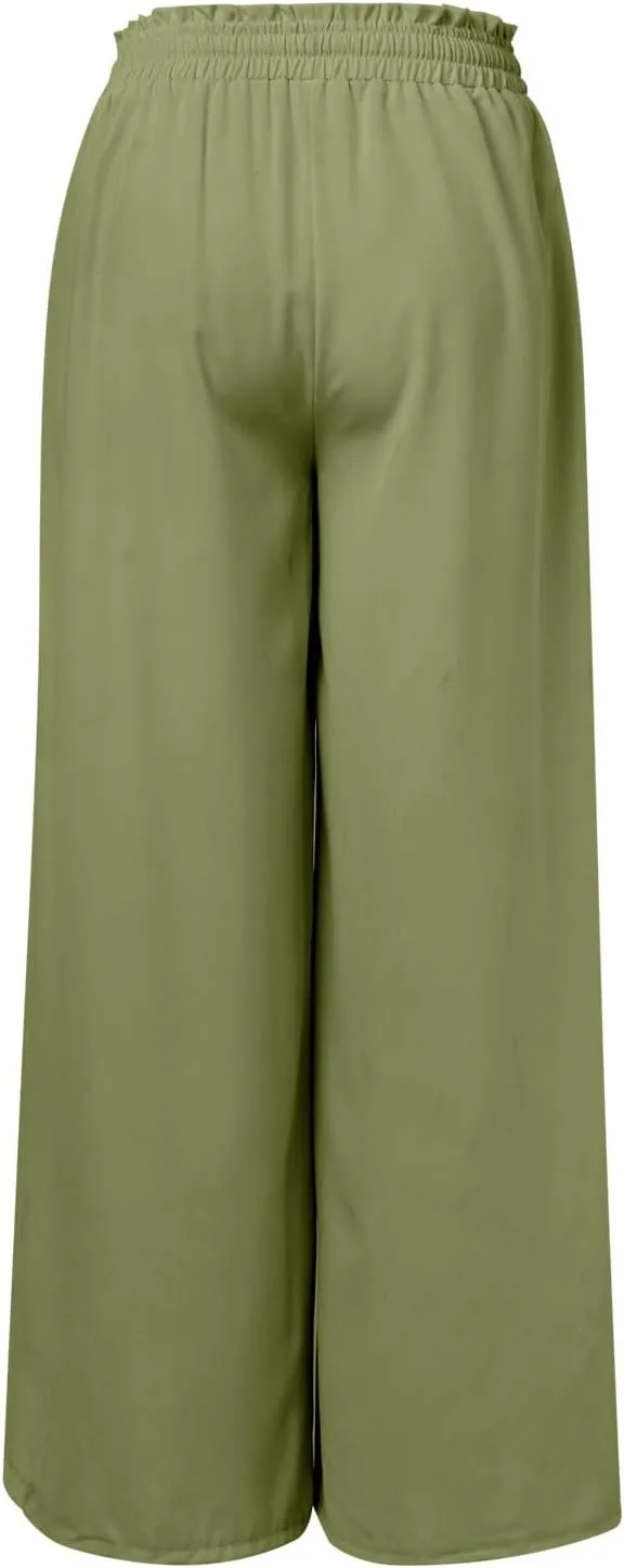 PTOLOCIF Petite Linen Pants for Women Summer Drawstring Elastic Waist Pants Wide Leg Cropped Lounge Trousers with Pockets
