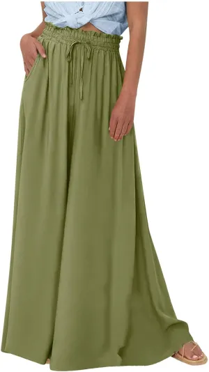PTOLOCIF Petite Linen Pants for Women Summer Drawstring Elastic Waist Pants Wide Leg Cropped Lounge Trousers with Pockets