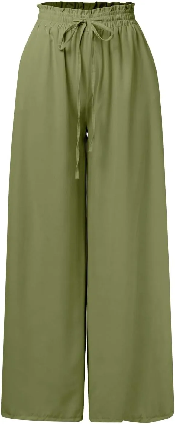 PTOLOCIF Petite Linen Pants for Women Summer Drawstring Elastic Waist Pants Wide Leg Cropped Lounge Trousers with Pockets