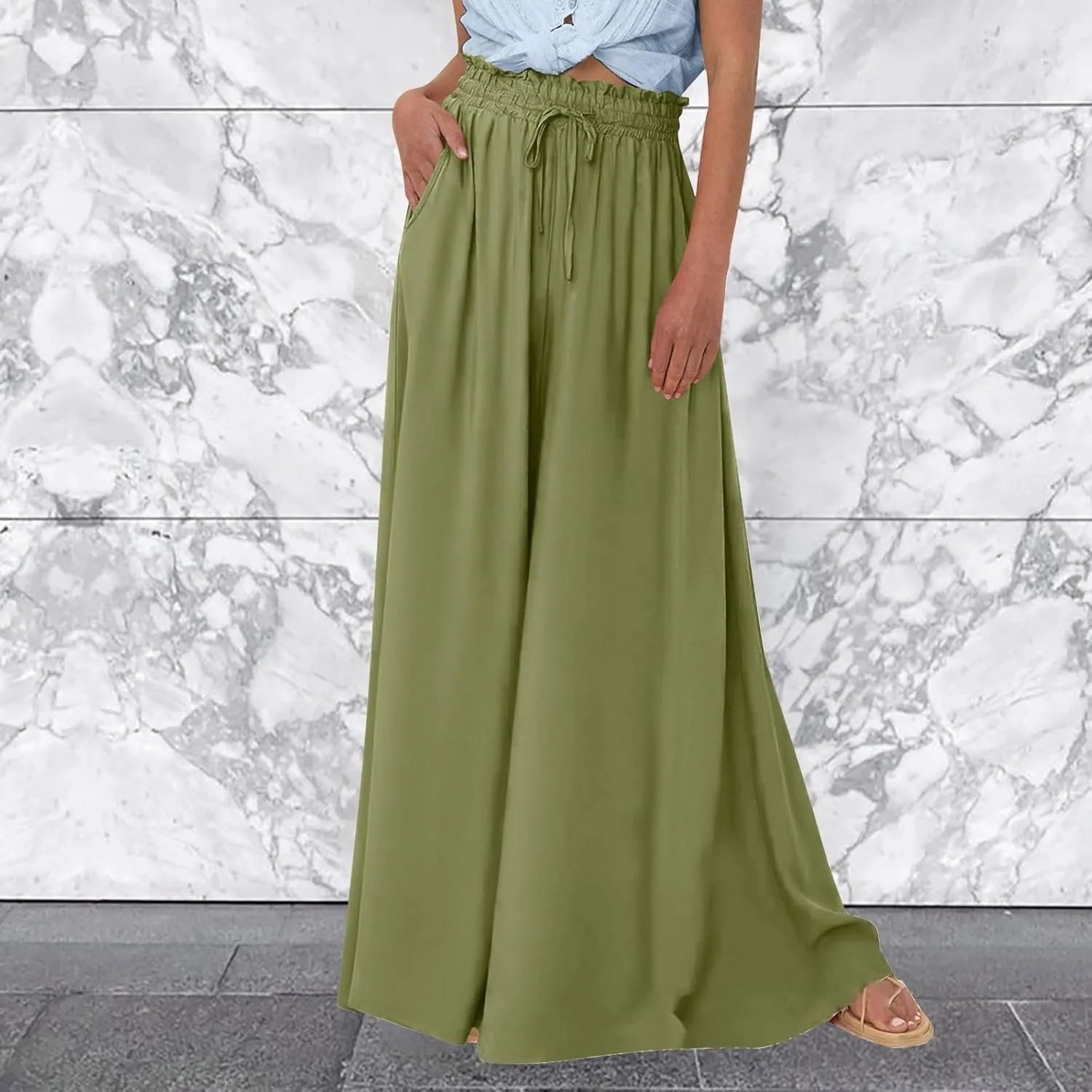 PTOLOCIF Petite Linen Pants for Women Summer Drawstring Elastic Waist Pants Wide Leg Cropped Lounge Trousers with Pockets