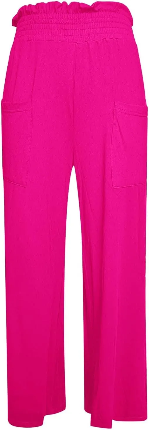 PTOLOCIF Petite Linen Pants for Women Summer Drawstring Waist Pants Wide Leg Loose Cotton Linen Palazzo Trousers with Pockets