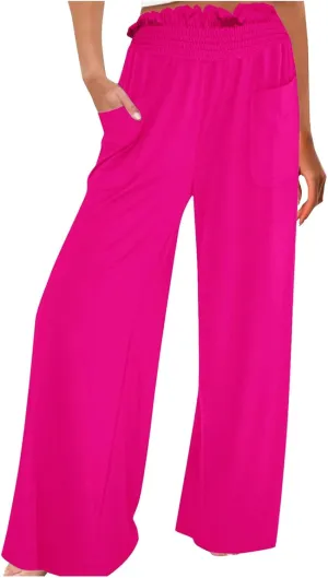 PTOLOCIF Petite Linen Pants for Women Summer Drawstring Waist Pants Wide Leg Loose Cotton Linen Palazzo Trousers with Pockets