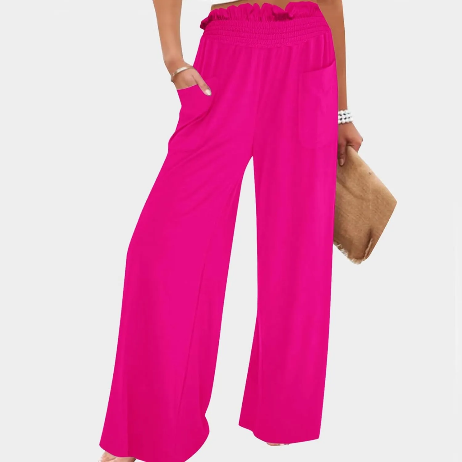 PTOLOCIF Petite Linen Pants for Women Summer Drawstring Waist Pants Wide Leg Loose Cotton Linen Palazzo Trousers with Pockets